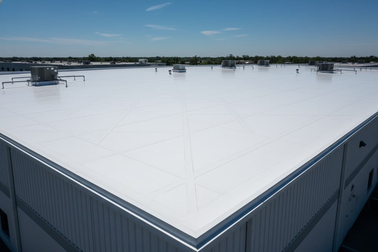 Completed white TPO flat roof on a commercial building