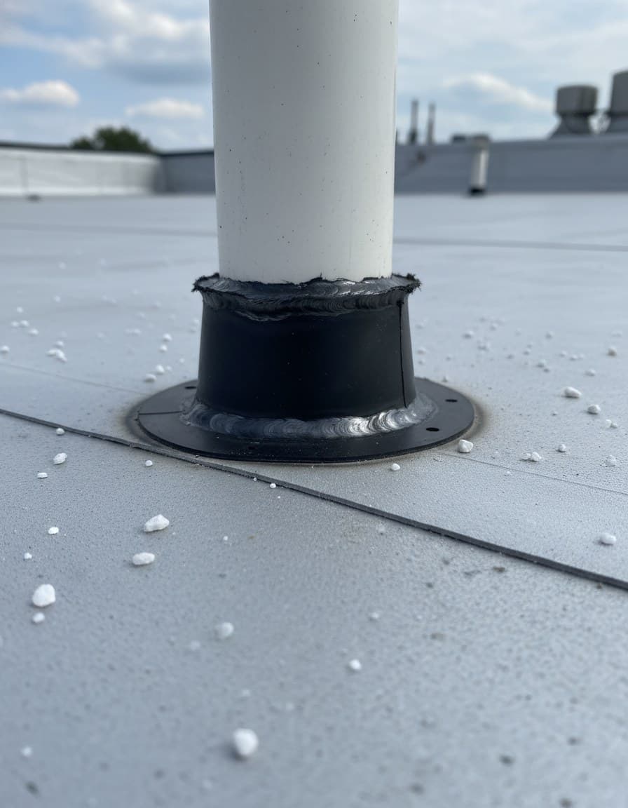 Welded TPO seam and clean pipe boot flashing