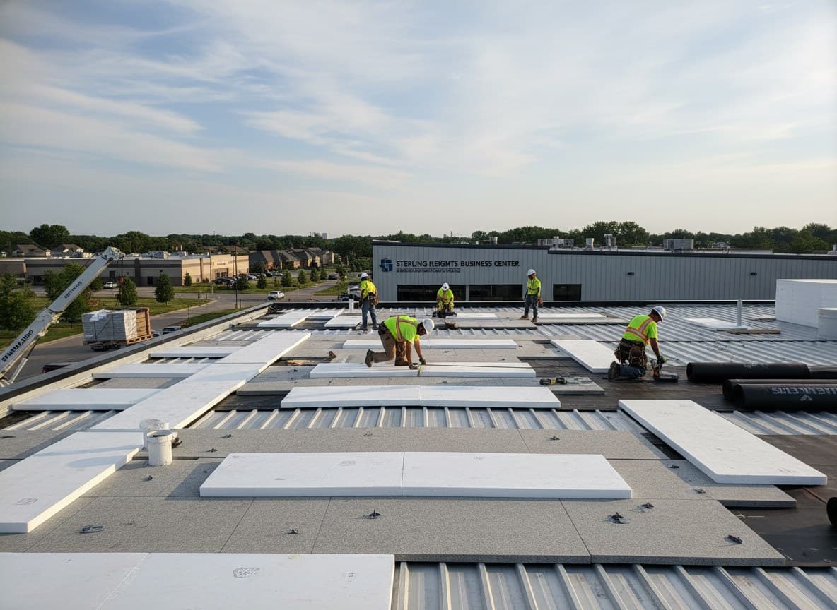 Crew laying insulation and cover board on a roof deck