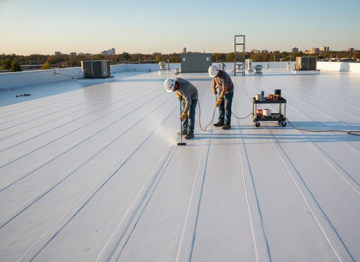 Roofers welding TPO membrane seams on a commercial rooftop