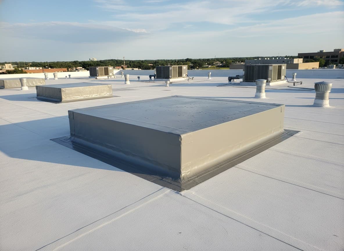 HVAC curb flashing wrapped with membrane on a roof