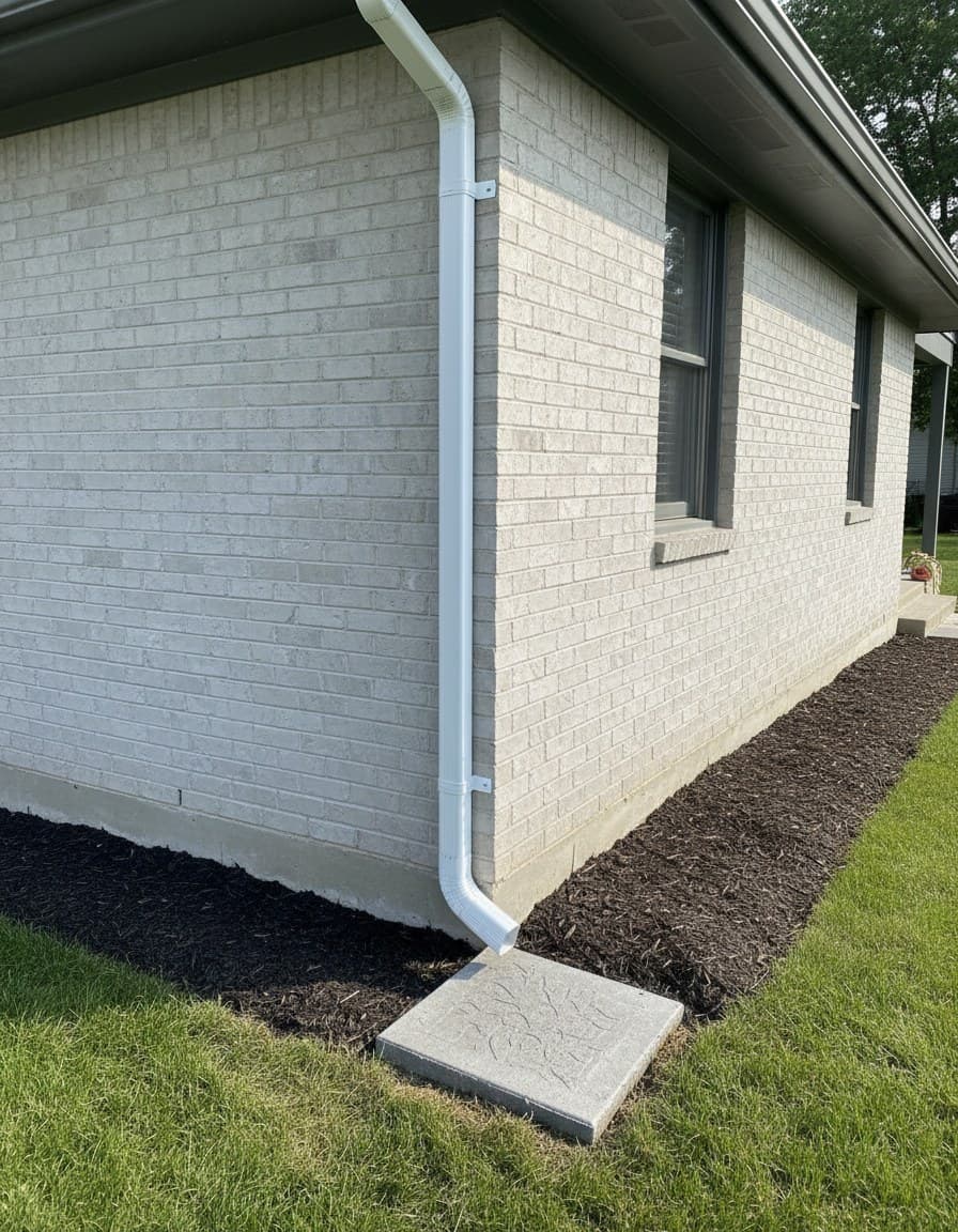 Downspout directing water to a splash block
