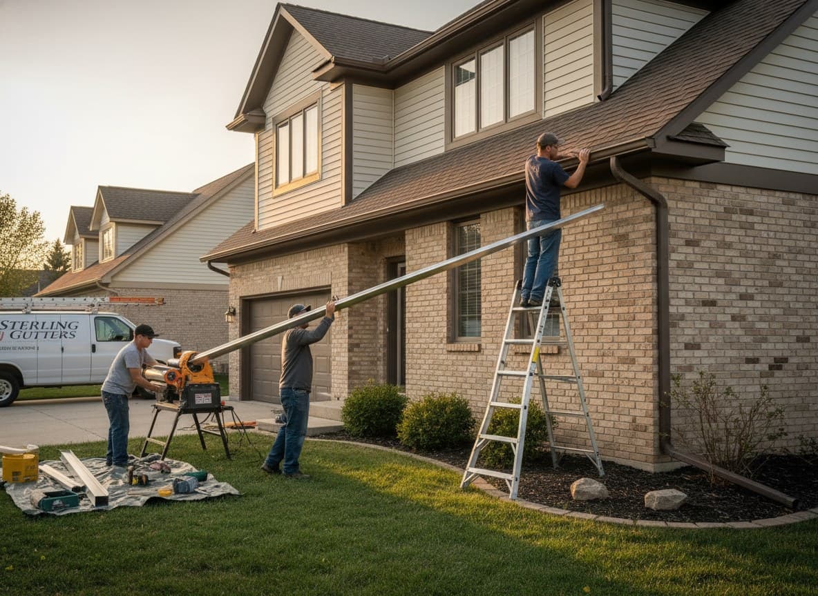Crew running a seamless gutter machine along a fascia