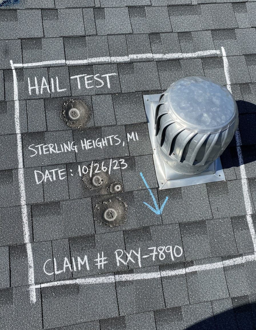 Chalked test square showing bruised shingles on a roof