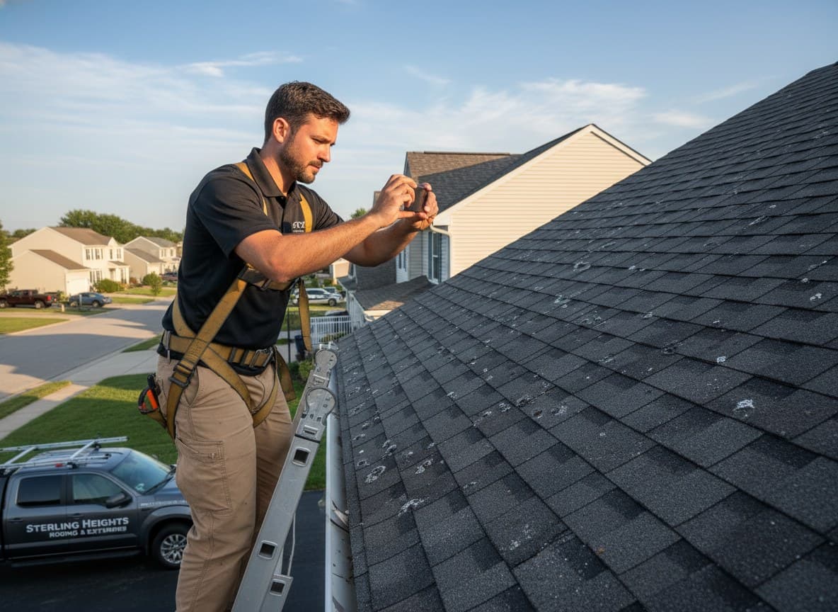 Roofer photographing damaged shingles for an insurance claim