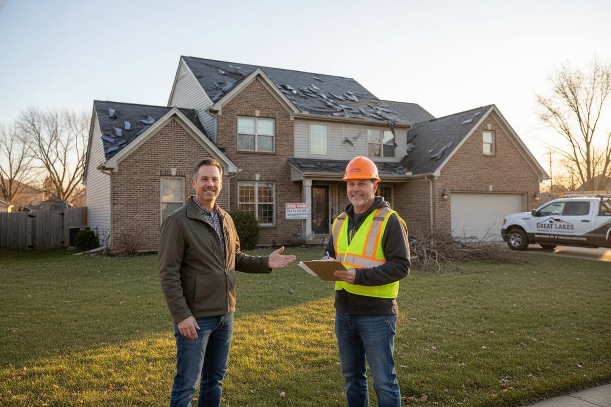 Homeowner and contractor outside a storm damaged home
