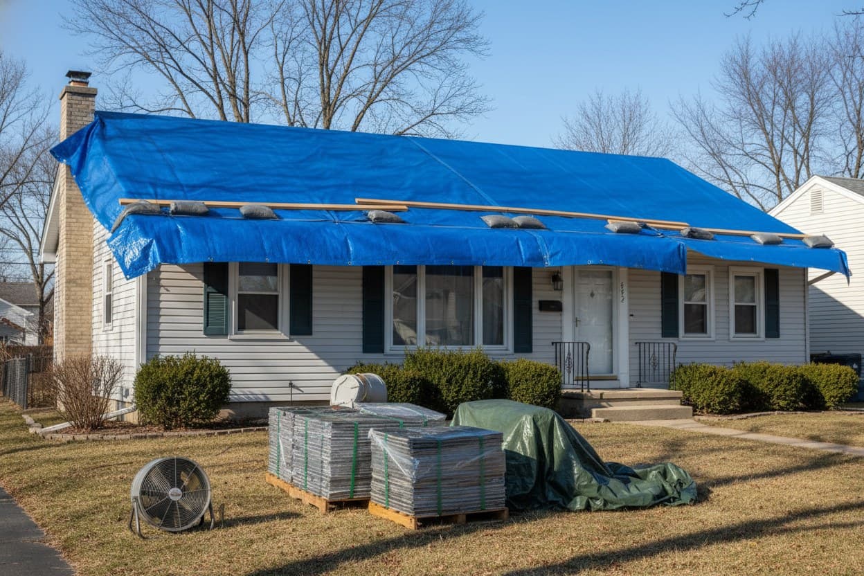 Storm damaged roof stabilized with tarp and staged shingles