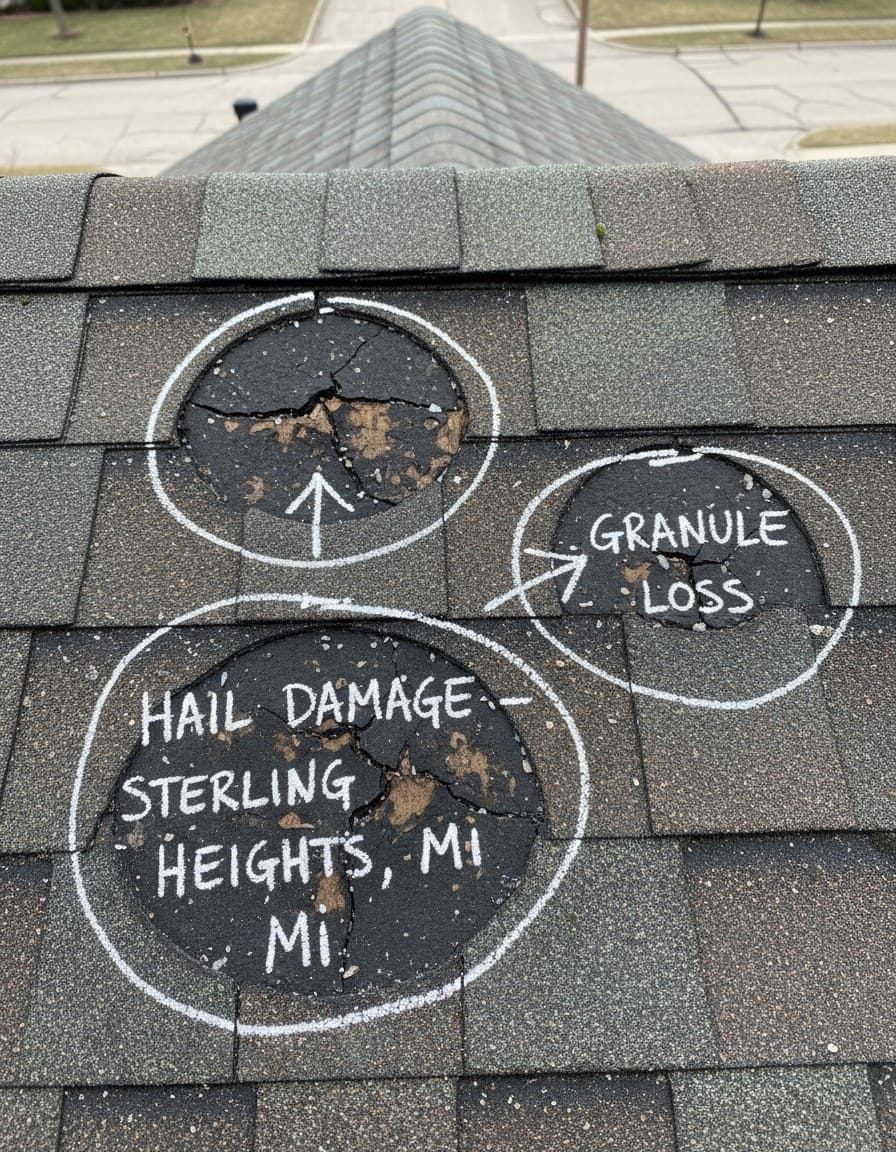 Cracked shingles with granule loss chalked for an adjuster