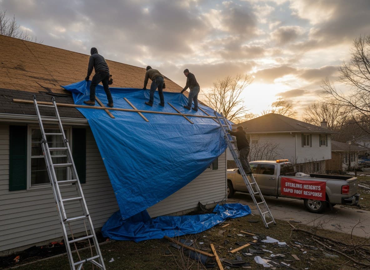 Roofers securing a tarp over decking after a windstorm