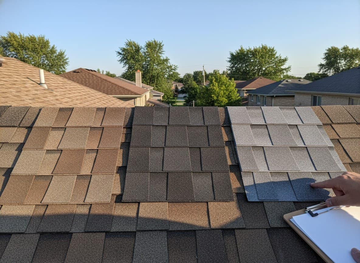 Shingle color swatches laid out for a homeowner to choose