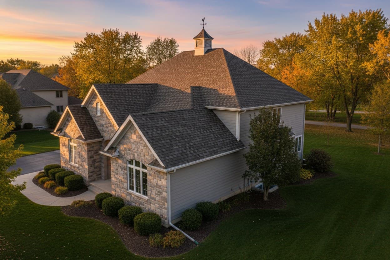 Finished charcoal shingle roof on a Sterling Heights home