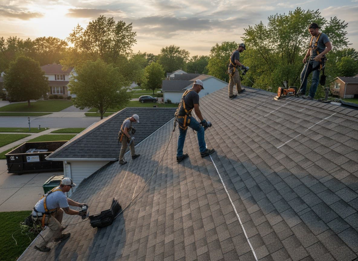 Roofers nailing staggered shingle courses up a roof slope