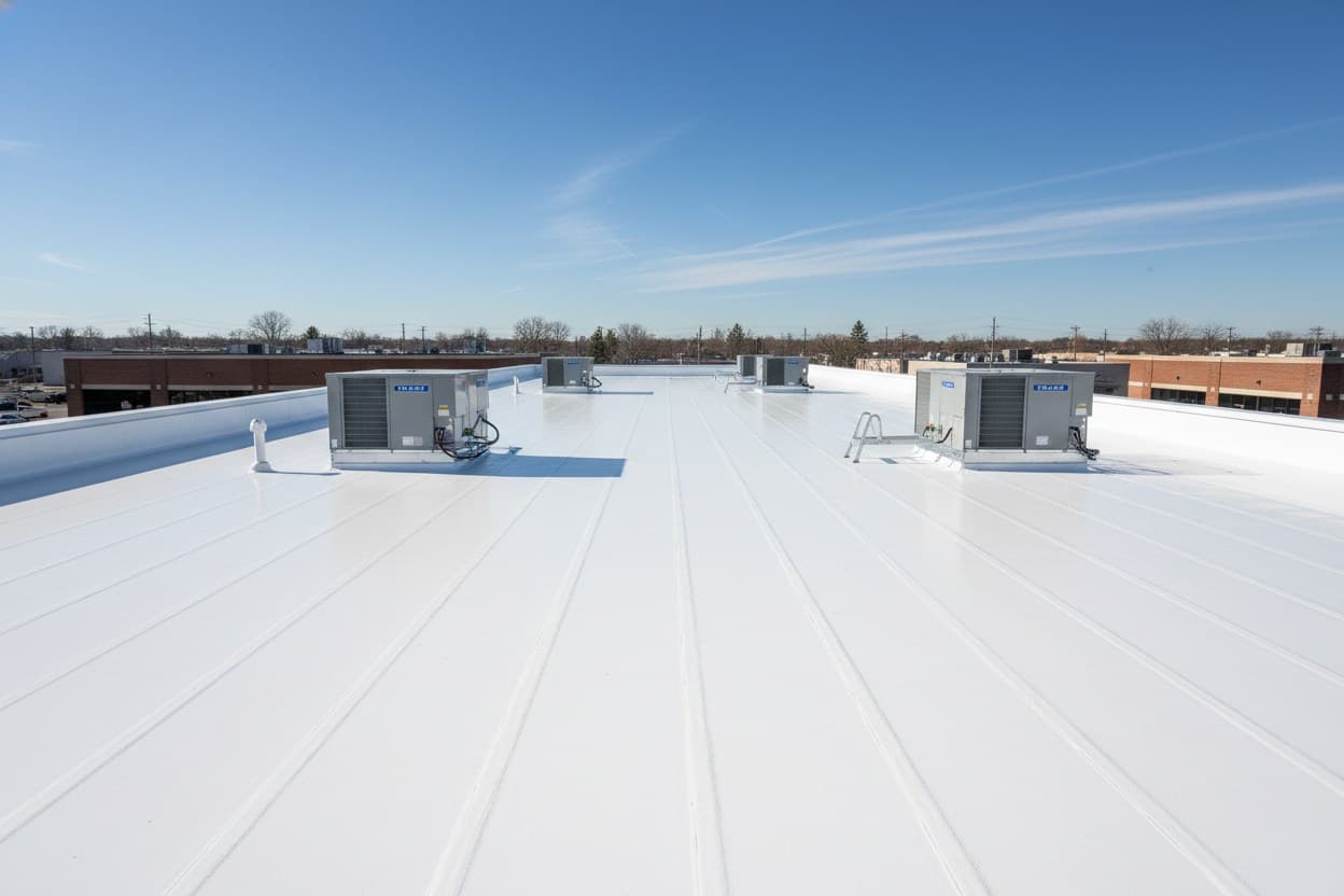 Welded TPO seams on a commercial storefront roof