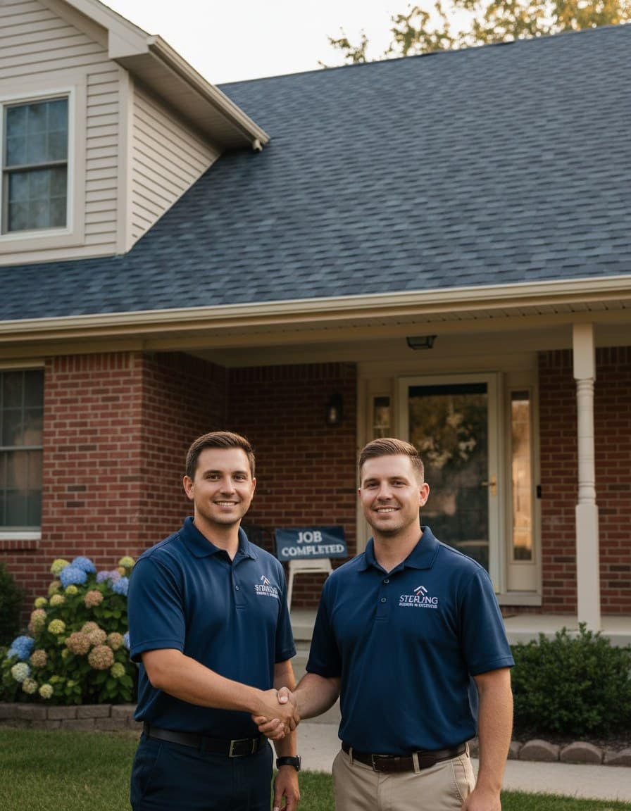 Roofing contractor shaking hands with a homeowner in front of a finished new roof in Sterling Heights, MI.