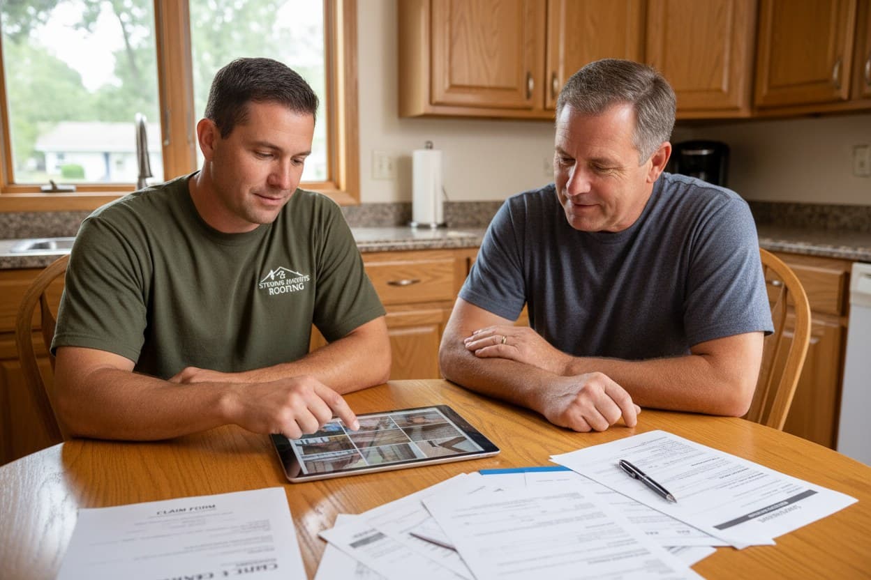 Contractor and homeowner reviewing storm photos on a tablet