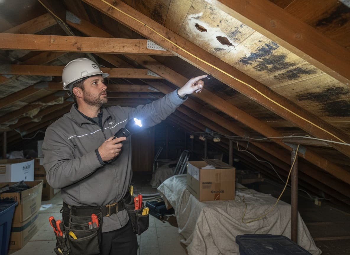 Inspector checking attic decking for moisture in Sterling Heights