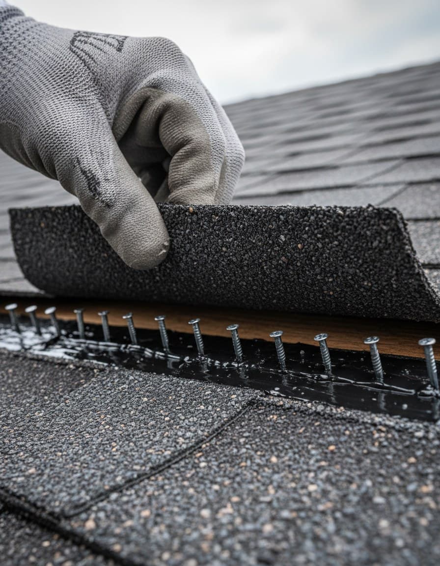 Gloved hand lifting a shingle tab to check sealant