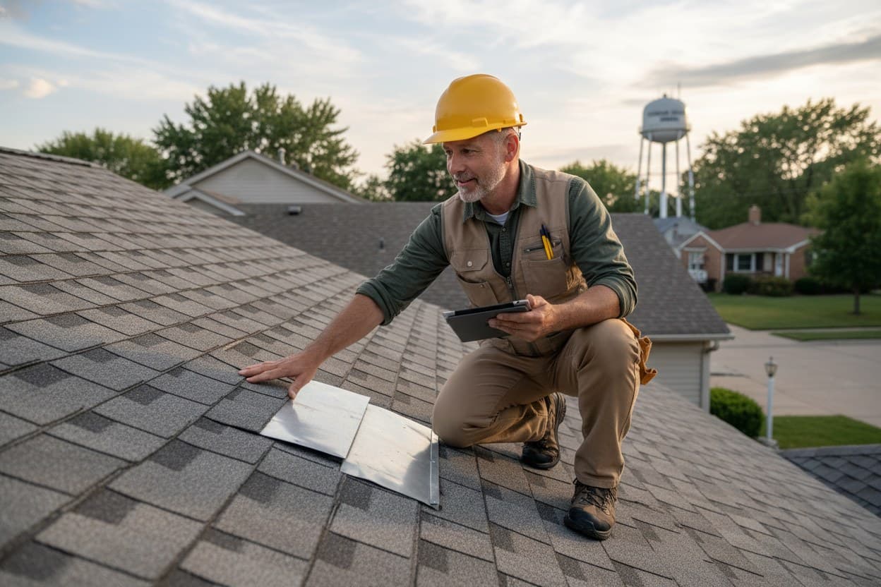 Inspector with clipboard checking shingles on a Sterling Heights roof