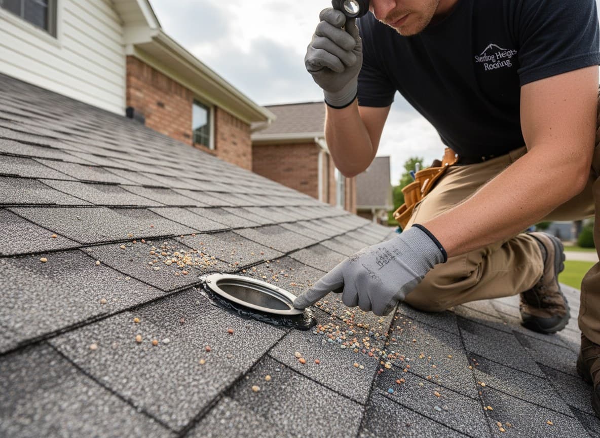 Technician checking shingle seal around a roof penetration