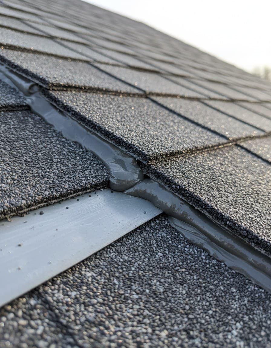 Freshly sealed flashing joint and replaced shingle tab
