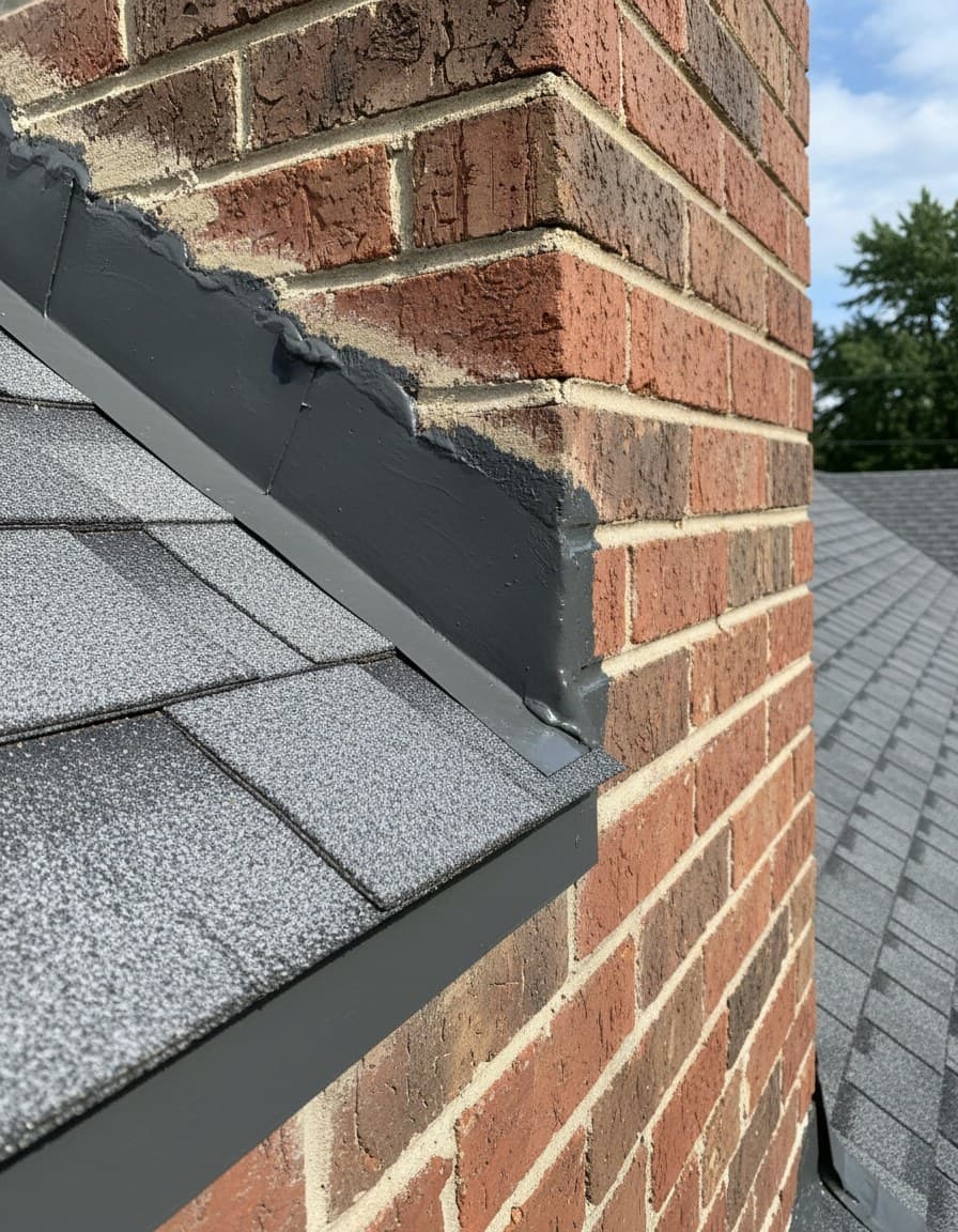 Repaired step flashing where roof meets a brick chimney
