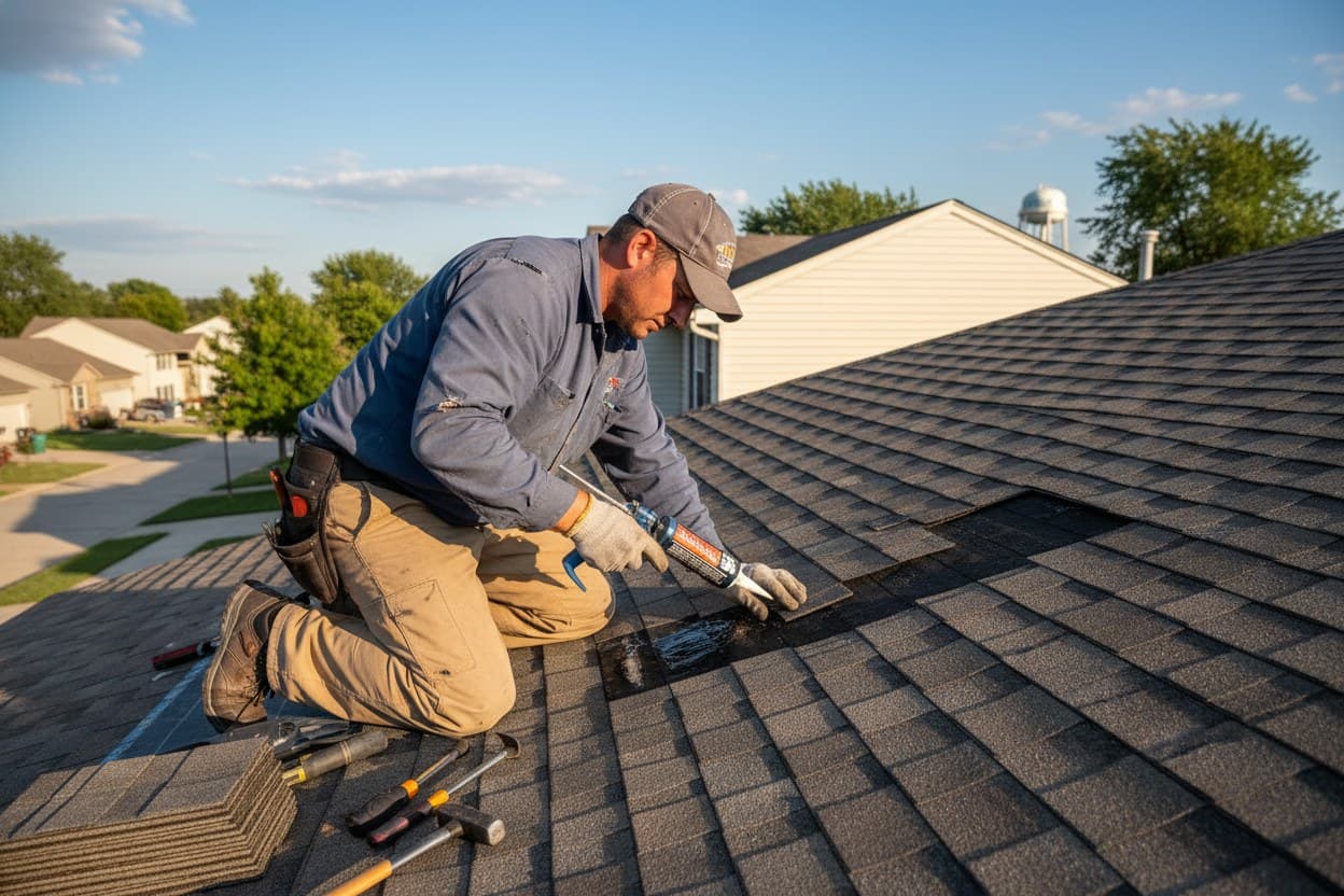 Roofer repairing shingles on a Sterling Heights home