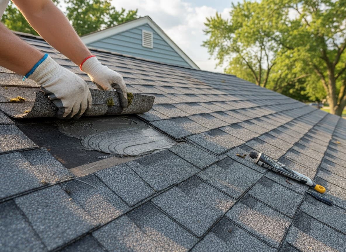 Technician fitting a replacement shingle on a Sterling Heights roof