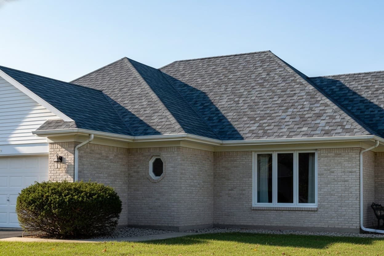 New architectural shingle roof with a clean ridge cap