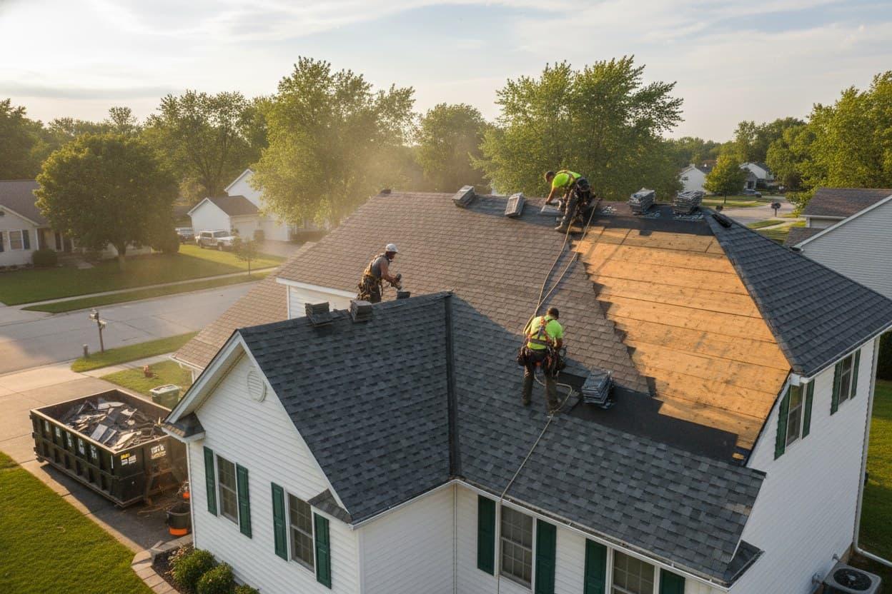 Crew replacing the roof of a Sterling Heights home