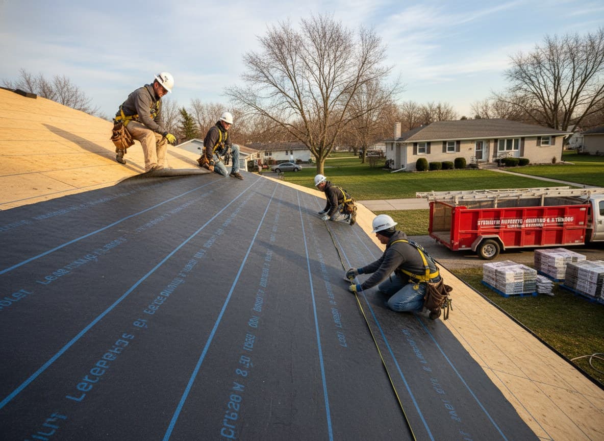 Roofers installing new underlayment on a Sterling Heights home