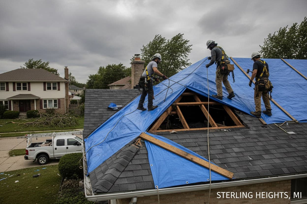 Crew anchoring an emergency tarp over a damaged roof